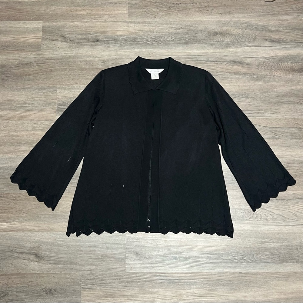 Misook Small Cardigan Black Solid Knit Eyelet Trim Scalloped Hem Acrylic Clasp